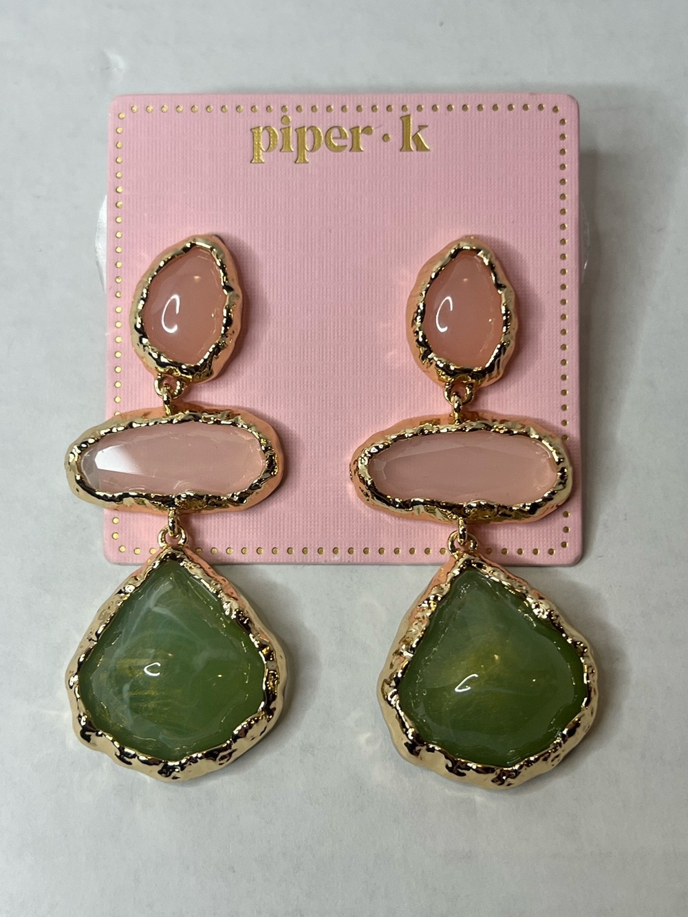 Piper K Pink Green Pink Resin 3 Tier Gemstone Gold Drop Statement Earrings New